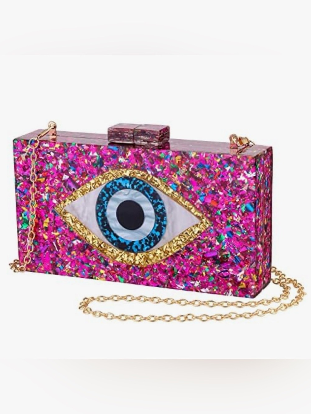 PINK ROSE MULTI GLITTER ACRYLIC EVIL EYE CLUTCH SHOULDER BAG